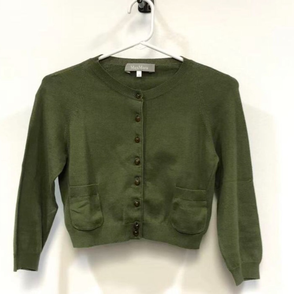MaxMara Olive Green Cropped Button-Front Cardigan